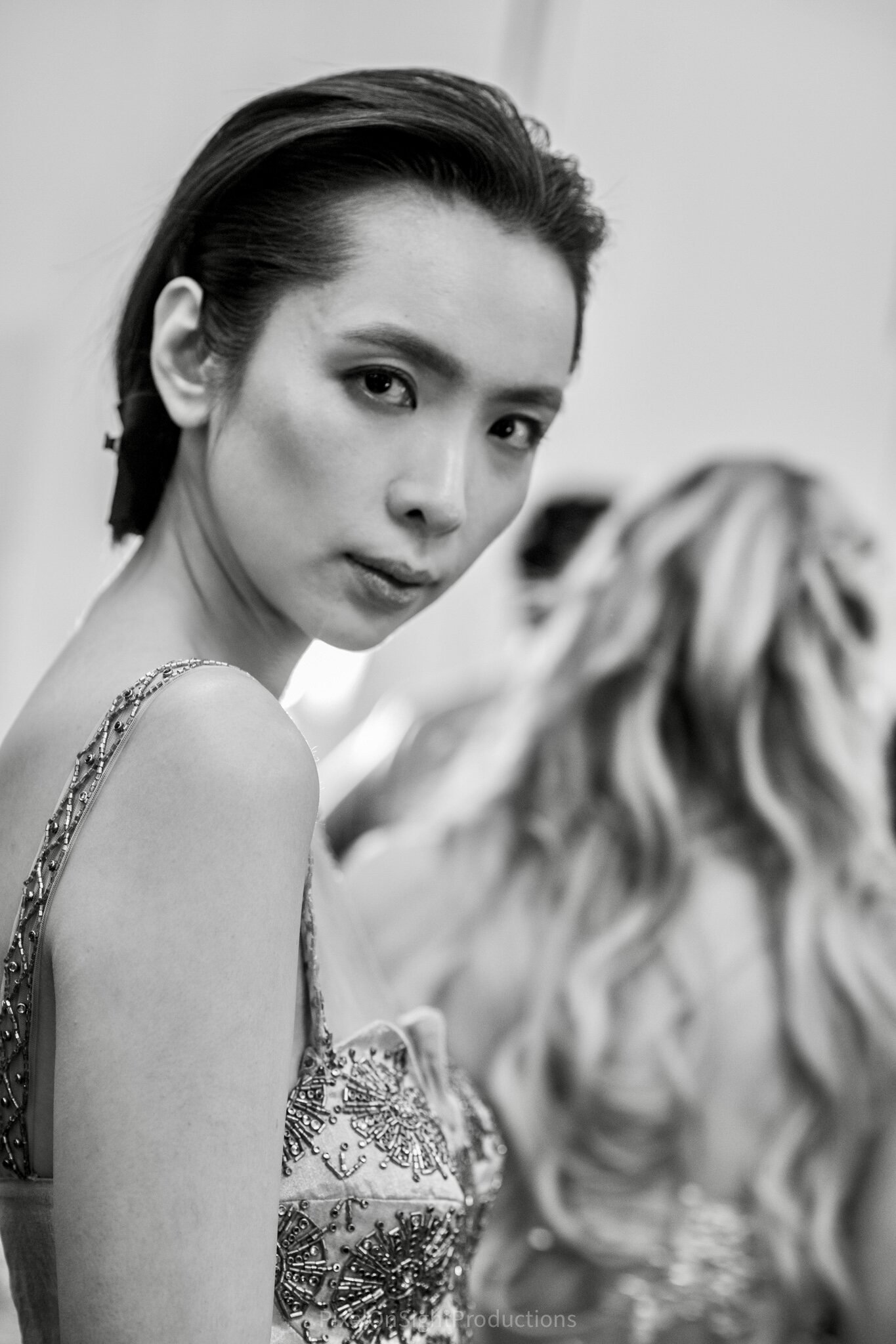 Black-and-white backstage portrait
